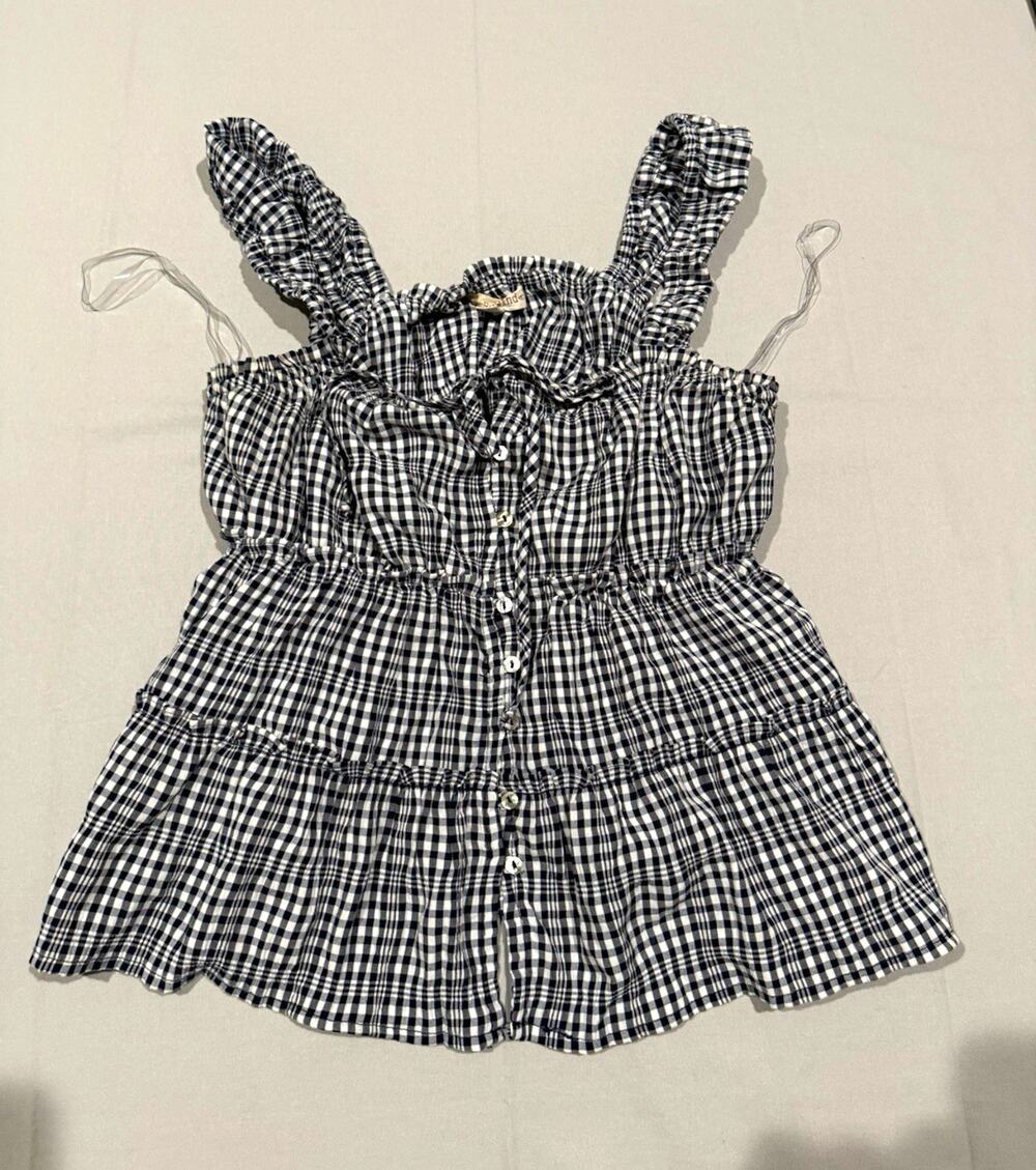 Rewinds Blue/White Gingham Smocked Ruffle Strap Button-Front Mini Dress M